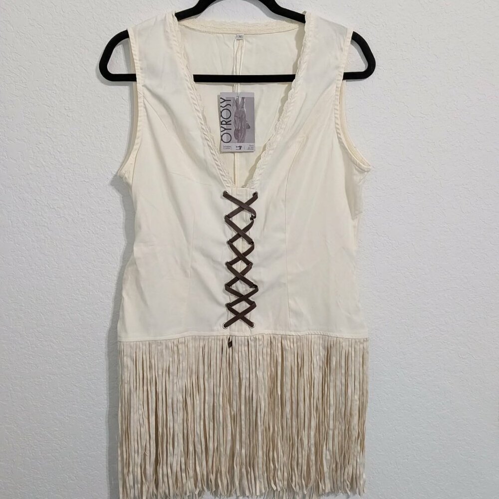 Oyrosy Cream Faux Fringe Lace-Up Bust Sleeveless VNeck Bohemian Top NWT (Size M)